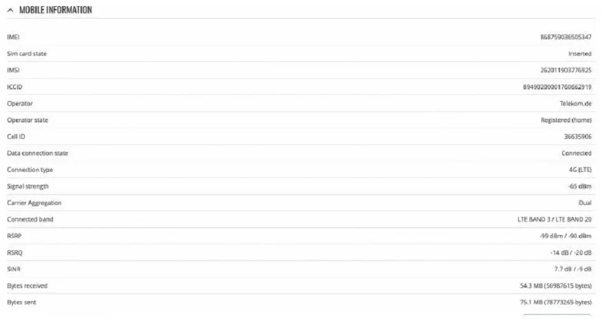 Statusanzeige für Messwerte (RSRP, RSRQ etc.) am RUTX12